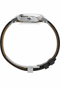 Silver-tone stainless steel watch with a round case, black leather strap, and silver hardware. Features a smooth polished surface.