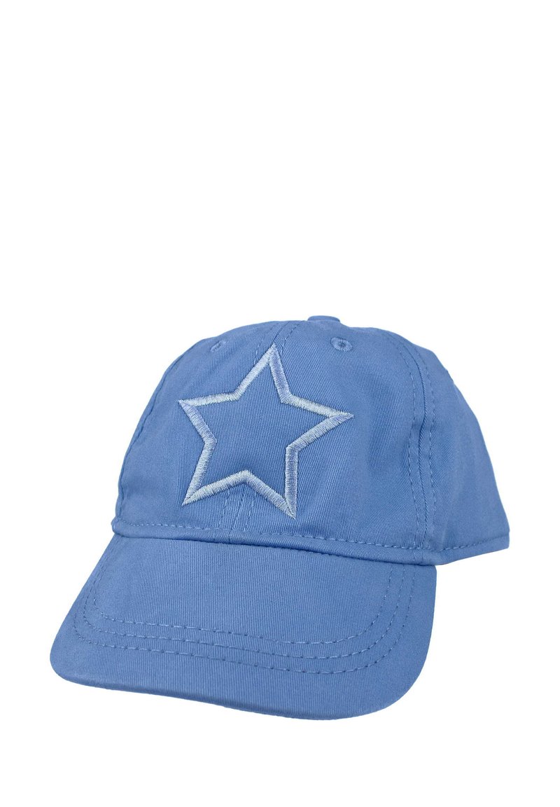 Jasnoniebieska czapka bejsbolowa wykonana z bawełny, z wyraźnym haftowanym logo gwiazdy w kolorze białym. Posiada zakrzywiony daszek oraz przeszycia.