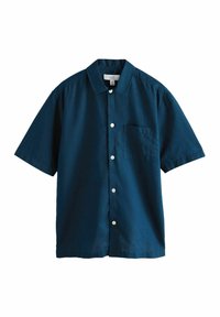 Camicia a maniche corte con bottoni in tessuto blu scuro con una texture sottile, taschino sul petto e bottoni bianchi.