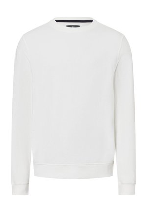 White sweatshirt with long sleeves, crew neck, ribbed cuffs, and waistband. Smooth texture, minimal design, and no visible patterns.