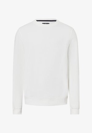 Weißes Sweatshirt mit langen Ärmeln, Rundhalsausschnitt, gerippten Bündchen und Saum. Glatte Textur, minimales Design und keine sichtbaren Muster.