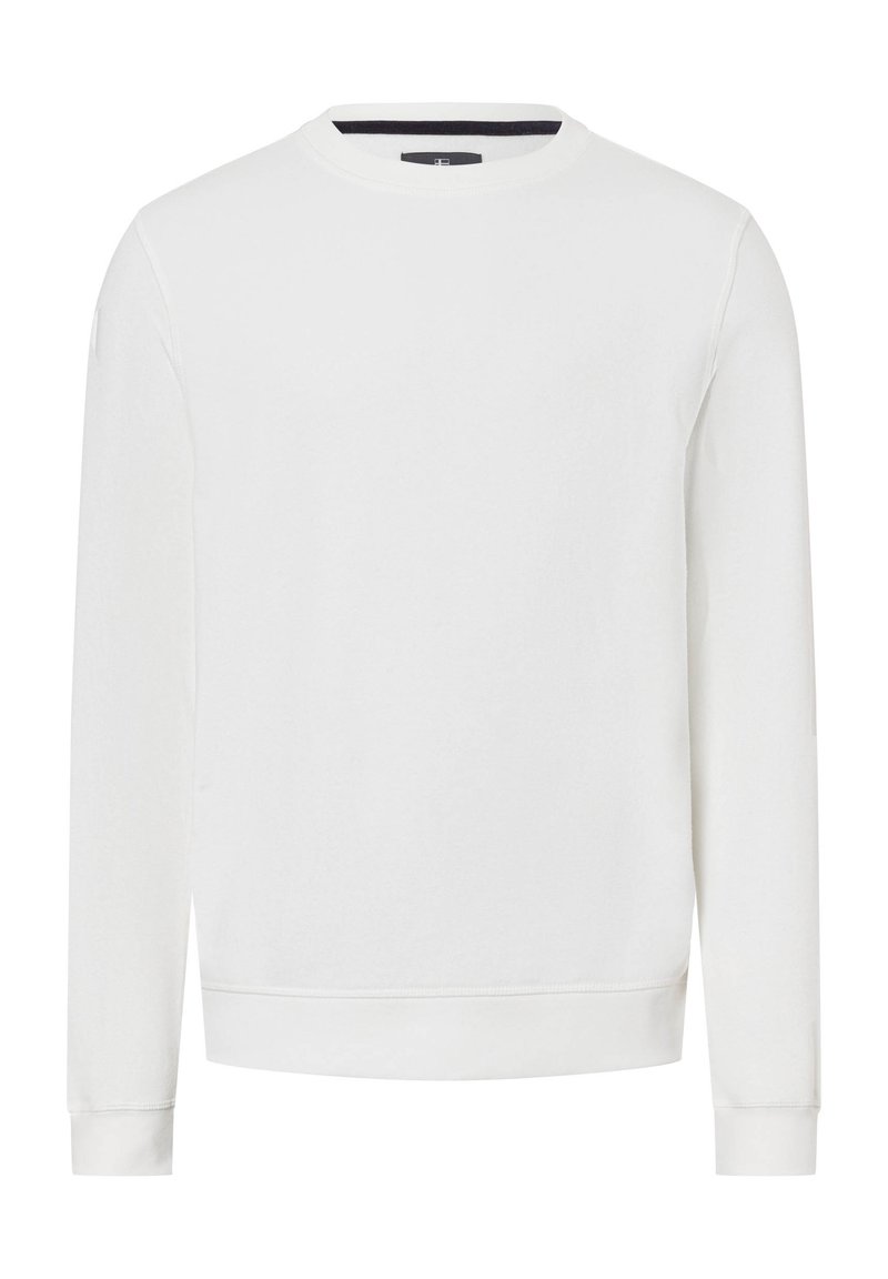 Biała bluza z długim rękawem, okrągłym dekoltem, prążkowanymi mankietami i pasem. Gładka tekstura, minimalistyczny design i brak widocznych wzorów.