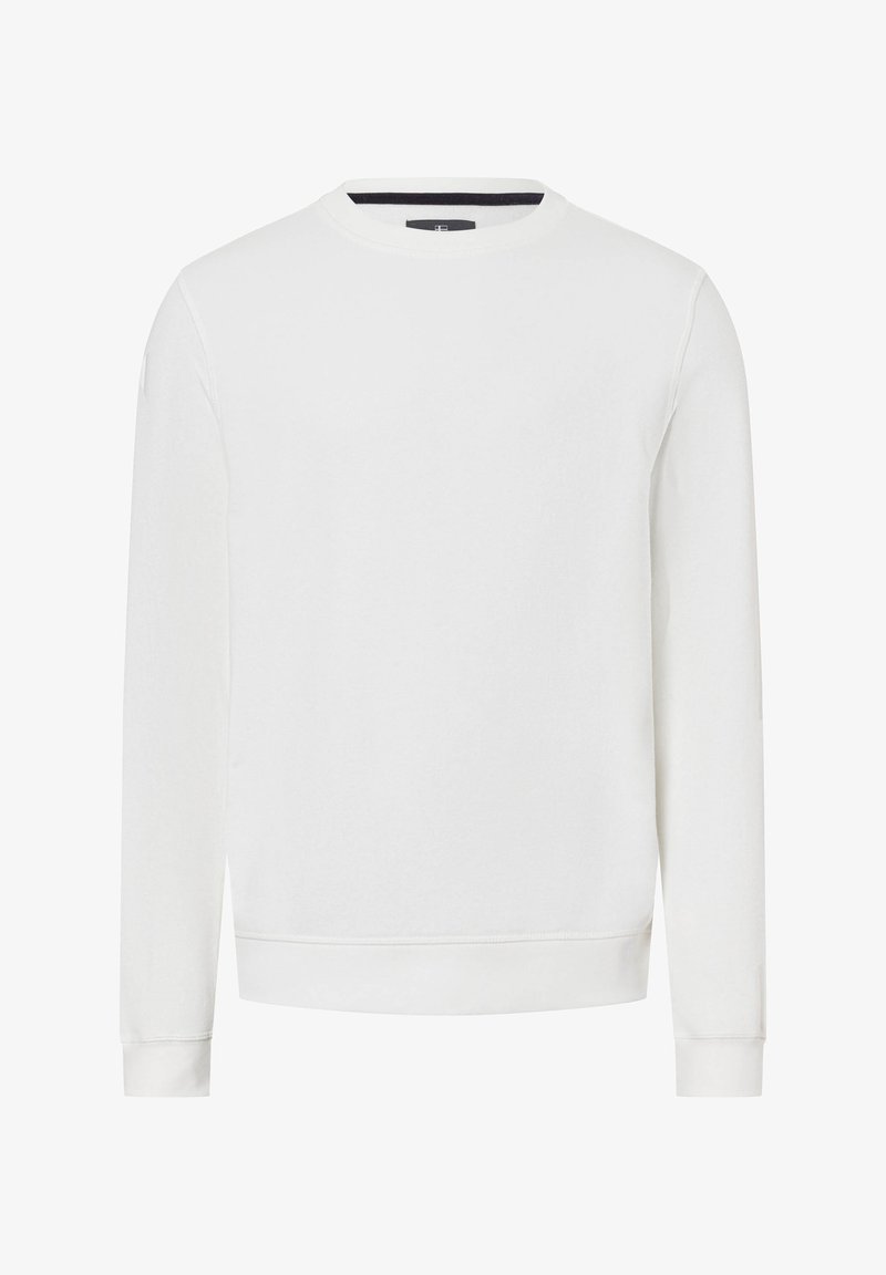 Biała bluza z długim rękawem, okrągłym dekoltem, prążkowanymi mankietami i pasem. Gładka tekstura, minimalistyczny design i brak widocznych wzorów.