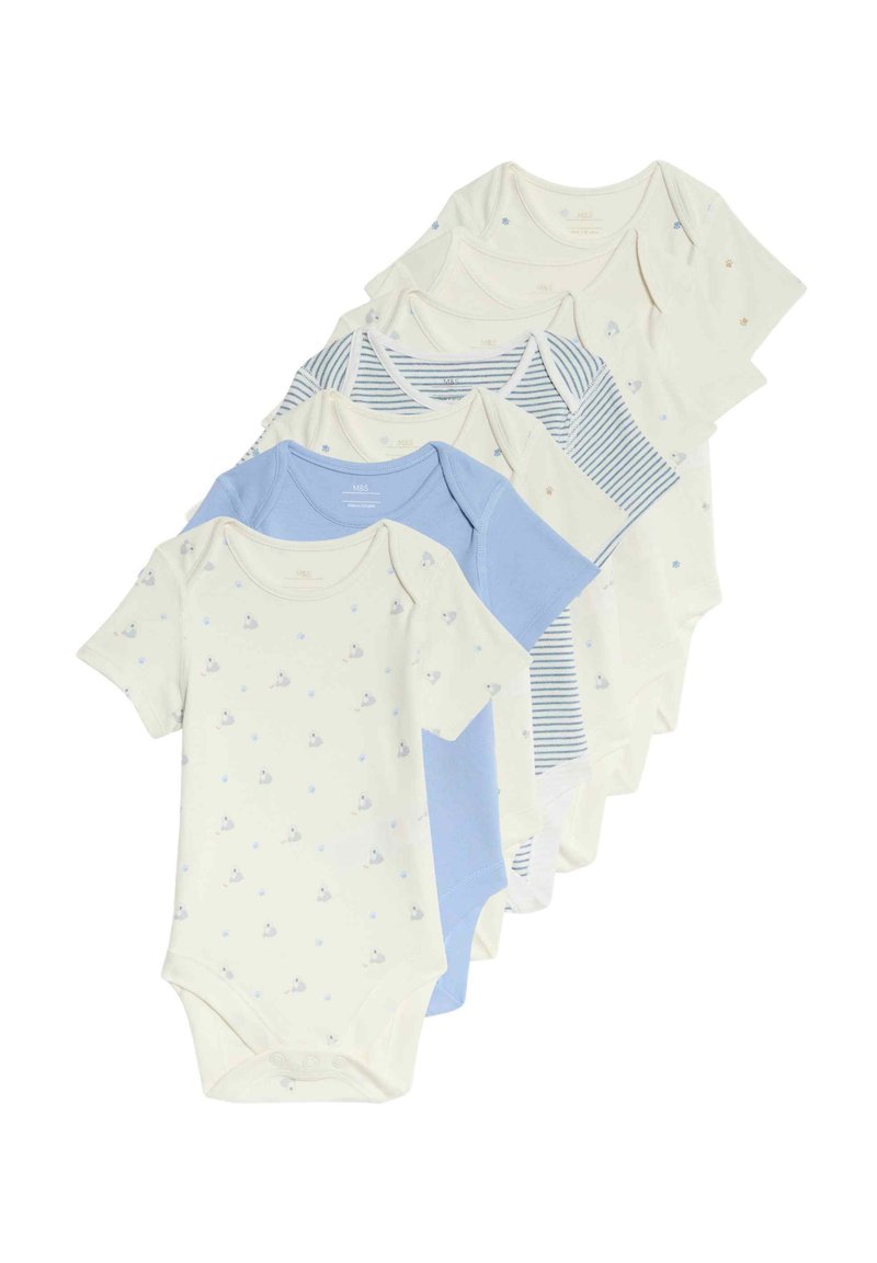 Set di sei body per neonati in morbido cotone, caratterizzati da colori pastello, stampe di animali e righe; maniche corte e chiusure a snap sul fondo.
