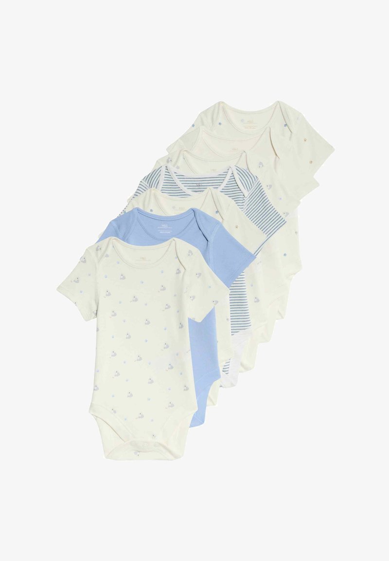 Zestaw sześciu dziecięcych body z miękkiej bawełny, w pastelowych kolorach, z nadrukami zwierząt i paskami; krótki rękaw i zapięcia na napy na dole.