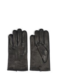 Svart lærhansker med fem-finger design, med sømdetaljer og en glatt tekstur. Åpen mansjett for enkel påkledning.