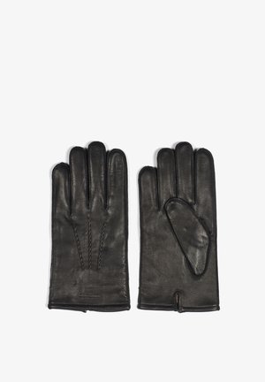 Black leather gloves with five-finger design, featuring stitching details and a sleek texture. Open cuff for easy wear.