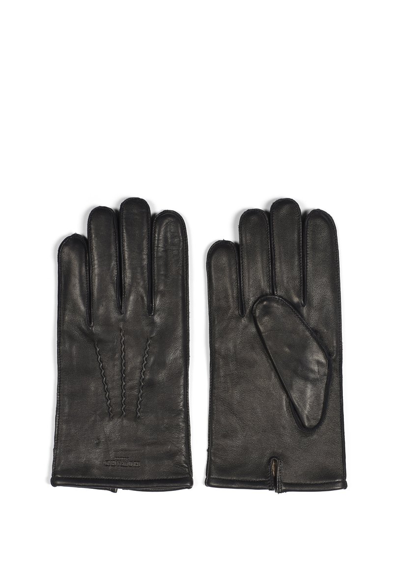 Svart lærhansker med fem-finger design, med sømdetaljer og en glatt tekstur. Åpen mansjett for enkel påkledning.