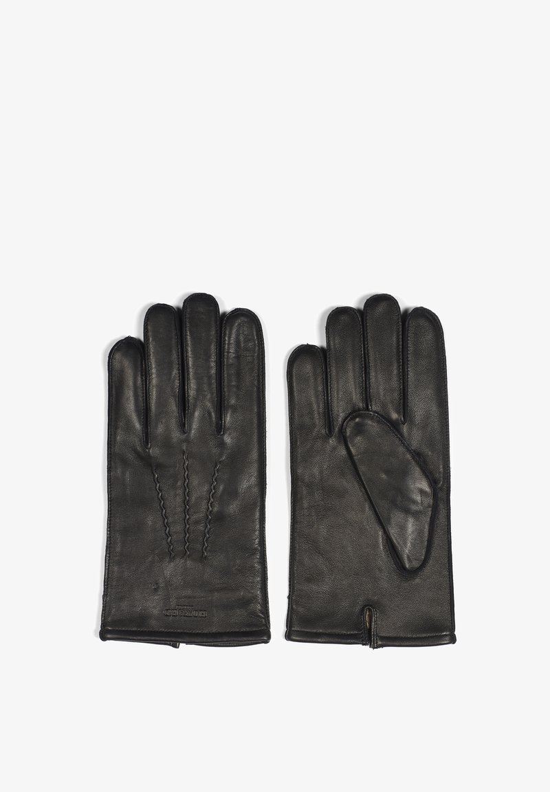 Svart lærhansker med fem-finger design, med sømdetaljer og en glatt tekstur. Åpen mansjett for enkel påkledning.