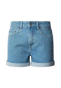 Denimshorts i ljusblått med upprullad fåll. Har framfickor, metallknappstängning och bälteshällor. Slät textur.