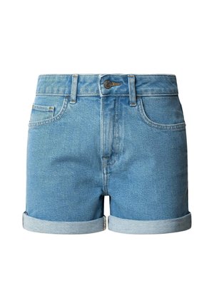 Shorts in denim blu chiaro con orlo arrotolato. Presentano tasche frontali, chiusura con bottone in metallo e passanti per la cintura. Texture liscia.