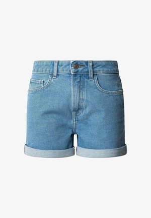 Šviesiai mėlyni džinsiniai šortai su sukrautu apvadu. Apima priekinės kišenės, metalinį mygtuko uždarymą ir diržo kilpas. Sklandžios tekstūros.