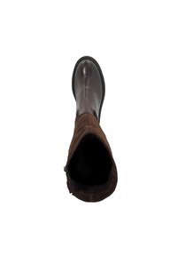 Dark brown leather and suede knee-high boot with rounded toe and side zipper viewed from the top on a white background.