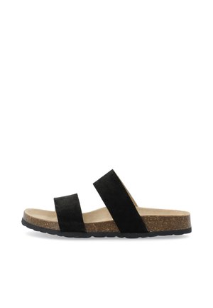 Schwarze Slide-Sandale mit zwei Riemen, Korkfußbett und schwarzer Gummisohle, seitliche Ansicht vor weißem Hintergrund.