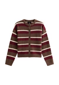 Cardigan marron avec des rayures horizontales bordeaux et crème, col rond, boutons sur le devant et finitions côtelées aux poignets et à l'ourlet.