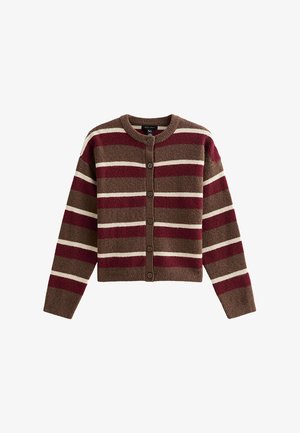 Bruine cardigan met horizontale strepen in bordeauxrood en crème, ronde halslijn, knopen aan de voorkant en ribgebreide manchetten en onderrand.