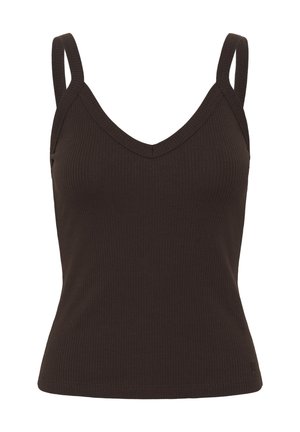 Dunkelbraunes, geripptes Tanktop mit dünnen Trägern und V-Ausschnitt, figurbetonter Stil, auf weißem Hintergrund angezeigt.