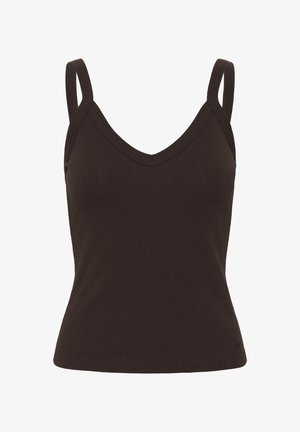 Dunkelbraunes, geripptes Tanktop mit dünnen Trägern und V-Ausschnitt, figurbetonter Stil, auf weißem Hintergrund angezeigt.