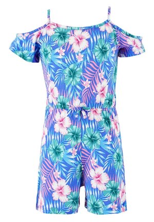 Niebieski kombinezon z odsłoniętymi ramionami, z różowo-biało-zielonym tropikalnym kwiatowym wzorem i paskiem wiązanym w talii.