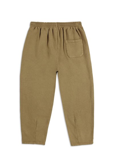 Khaki-Sweatpants mit elastischem Bund, schmal zulaufenden Beinen und einer einzelnen Gesäßtasche. Hergestellt aus einem weichen, strukturierten Stoff.