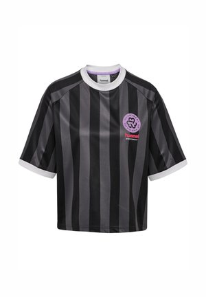 Black and gray striped sports t-shirt with a white collar. Features a purple circular logo with text and red branding on the front.