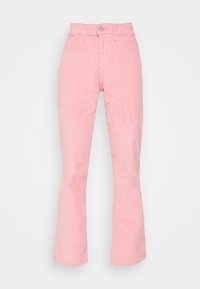 Różowe dżinsy w fasonie dzwonów z pięcioma kieszeniami, wykonane z miękkiej bawełnianej tkaniny, z zamkiem błyskawicznym i zapięciem na guzik z przodu.