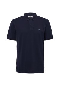 Polo bleu marine en tissu texturé, dot�é d'un col, de manches courtes, d'un plastron à deux boutons et d'un petit logo sur la poitrine.