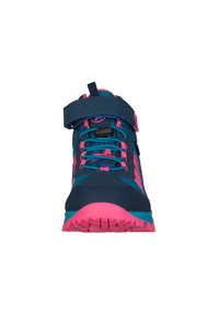 Blue and pink athletic shoe with a sturdy design, featuring a velcro strap, textured sole, and contrasting colored laces for secure fit.