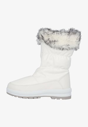 Botas impermeables blancas con un cuello de piel sintética en gris y blanco. Diseño alto con una suela texturizada y punta redonda. Parte superior de tela acolchada.