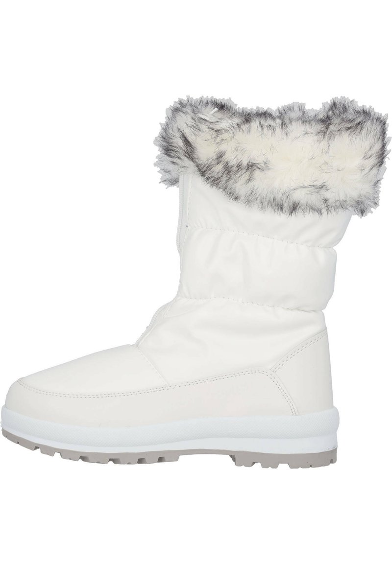 Botas impermeables blancas con un cuello de piel sintética en gris y blanco. Diseño alto con una suela texturizada y punta redonda. Parte superior de tela acolchada.