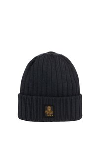 Beanie nera a maglia con righe verticali, design con risvolto e un patch quadrato con un'icona di cane e il nome del marchio.