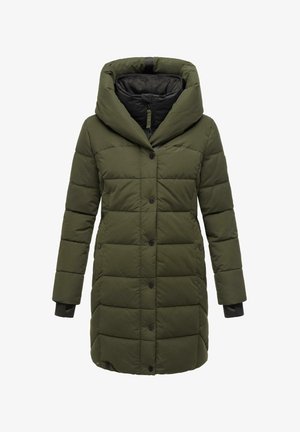 Oliven grønn polstret frakk med høy krage og overdimensjonert hette, med svarte knapper og sidelommer, designet for varme og dekning.