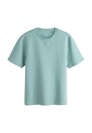 Hellblaues kurzärmeliges T-Shirt aus weichem Stoff, mit rundem Ausschnitt und regulärer Passform, mit nahtlosem Schulterdesign.