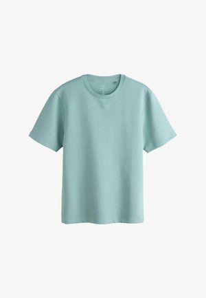 Hellblaues kurzärmeliges T-Shirt aus weichem Stoff, mit rundem Ausschnitt und regulärer Passform, mit nahtlosem Schulterdesign.