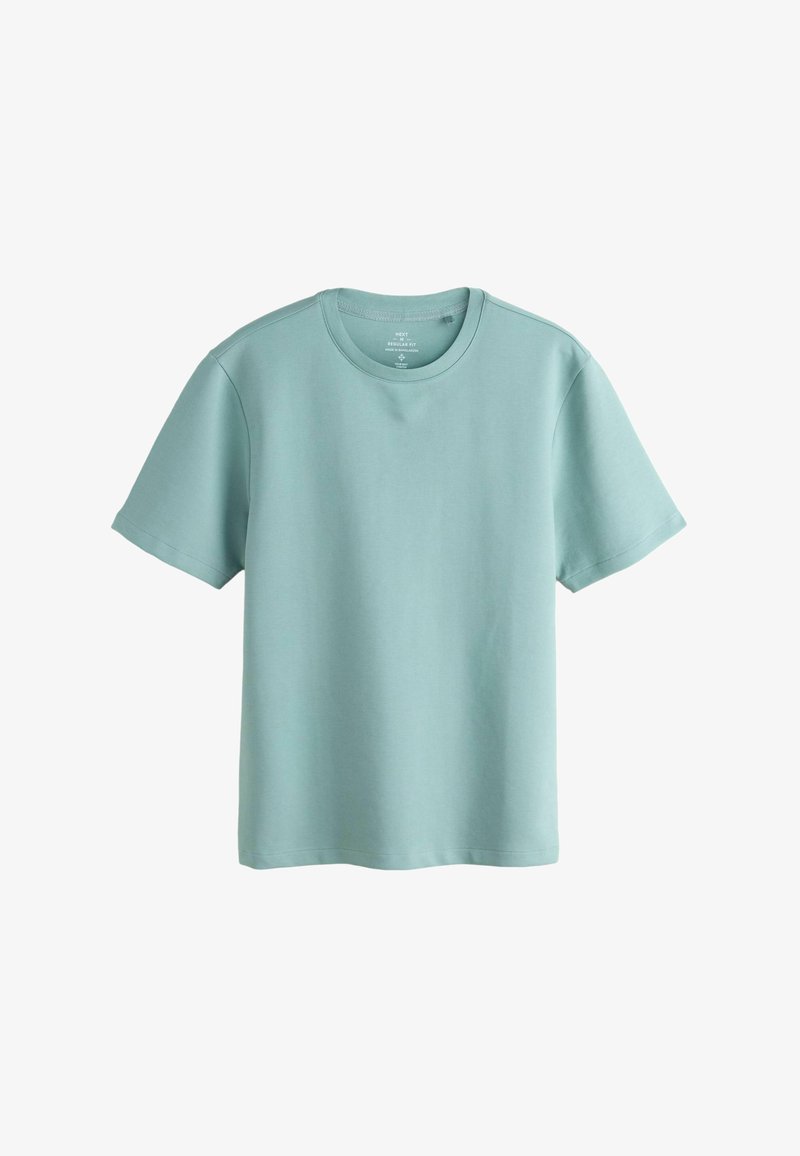 Svetlomodré tričko s krátkym rukávom vyrobené z jemnej tkaniny, s okrúhlym výstrihom a bežným strihom, bezšvovým dizajnom ramien.