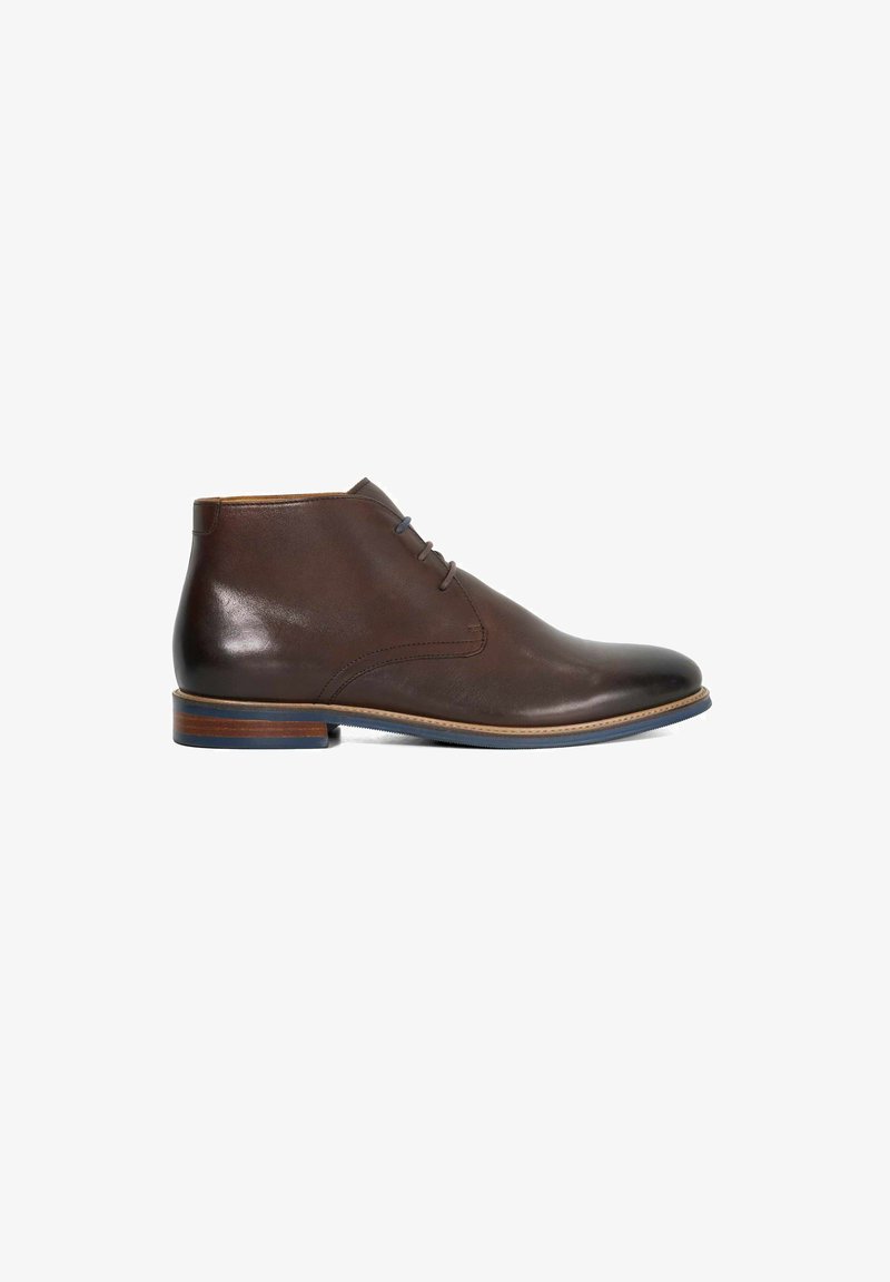 Brown leather ankle boots with a smooth finish, round toe, two eyelets for laces, and a stacked heel with a blue accent.