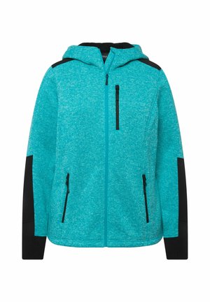 Teal fleece jacket with a zippered front, black accents on shoulders and sides, and two zippered pockets. Soft texture, hooded design.