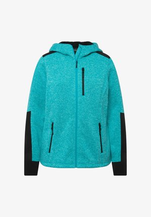 Teal fleecejakke med lynlås foran, sorte accenter på skuldre og sider, og to lynlåslommer. Blød tekstur, hætte-design.