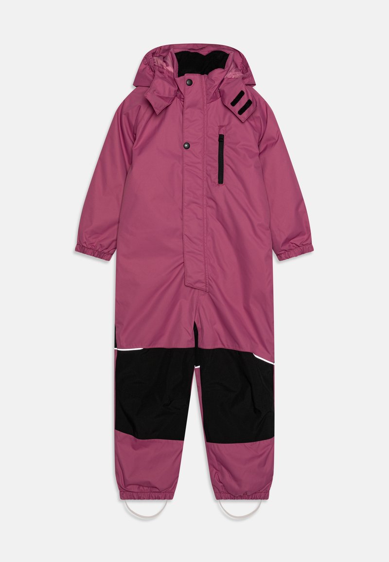 Pink insulated snowsuit with a hood, featuring black accents, a front zipper, snap buttons, and elastic cuffs. Two side pockets included.