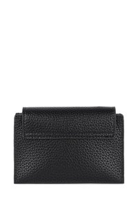 Black leather wallet with a textured finish, featuring a flap closure and compact rectangular shape. No visible hardware or embellishments.