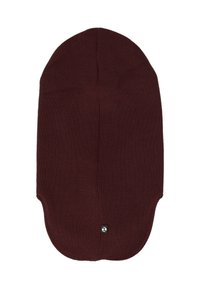 Donkerbruin gebreide bivakmuts met een klein zwart en wit label nabij de onderrand op een witte achtergrond.