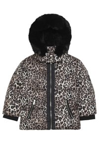 Přesně prošívaná bunda v leopardím vzoru s kapucí z umělé kožešiny, zipem vpředu, postranními kapsami a žebrovanými manžetami. Teplý, prošívaný design v hnědé a černé barvě.