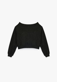 Czarny krótki sweter wykonany z miękkiego, teksturowanego materiału. Posiada dekolt odkrywający ramiona oraz dopasowane ściągacze przy mankietach.