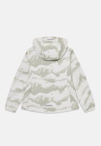 Hooded jacket in light green and white, featuring a cloud pattern. Soft texture, elastic cuffs, and brand logo on the back.