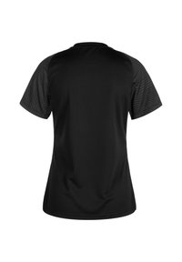 Maglietta sportiva nera a maniche corte, caratterizzata da un corpo liscio e un tessuto texturizzato e patternato sulle spalle. Solo vista posteriore.