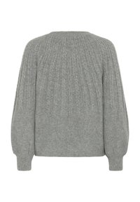 Maglione grigio lavorato a maglia con texture a coste, scollo rotondo e maniche a palloncino, dal look morbido e accogliente.