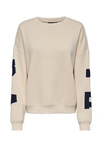 Sweat-shirt beige à col rond avec manches longues et lettres noires en bloc imprimées sur les deux bras, poignets et ourlet côtelés, style décontracté.