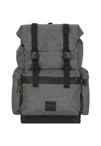 Šedý látkový batoh s rolovacím designem, černými popruhy a detaily, a přední kapsou. Obsahuje nastavitelná přezky a detaily s logem.