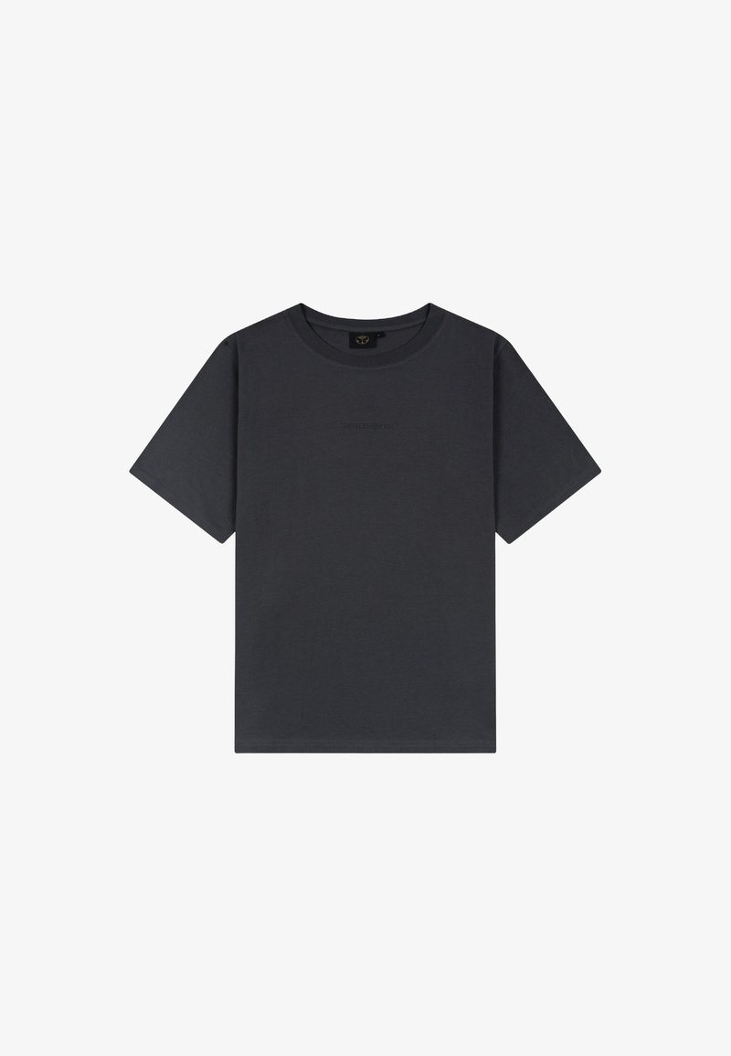 Donkergrijze t-shirt van katoen, met een ronde hals, korte mouwen en een minimalistisch ontwerp zonder zichtbare patronen of grafieken.