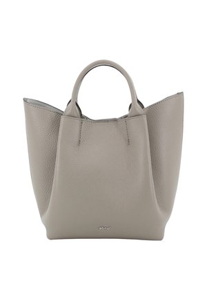 Gray leather tote bag with a structured shape, dual handles, and textured finish. Features minimal branding at the bottom front.